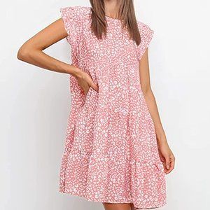 Womens Summer Mini Dress Casual Sleeveless Ruffle Sleeve Round Neck Flowy Pleate